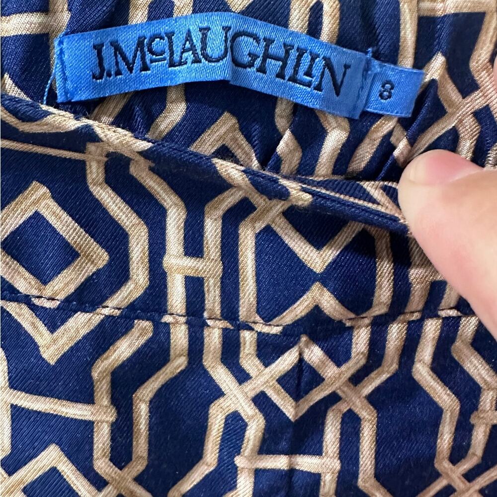 J.McLaughlin Silk Blend Geometric Wide Leg Pull On Pants Navy Tan Quiet Luxury 8 - Picture 3 of 11